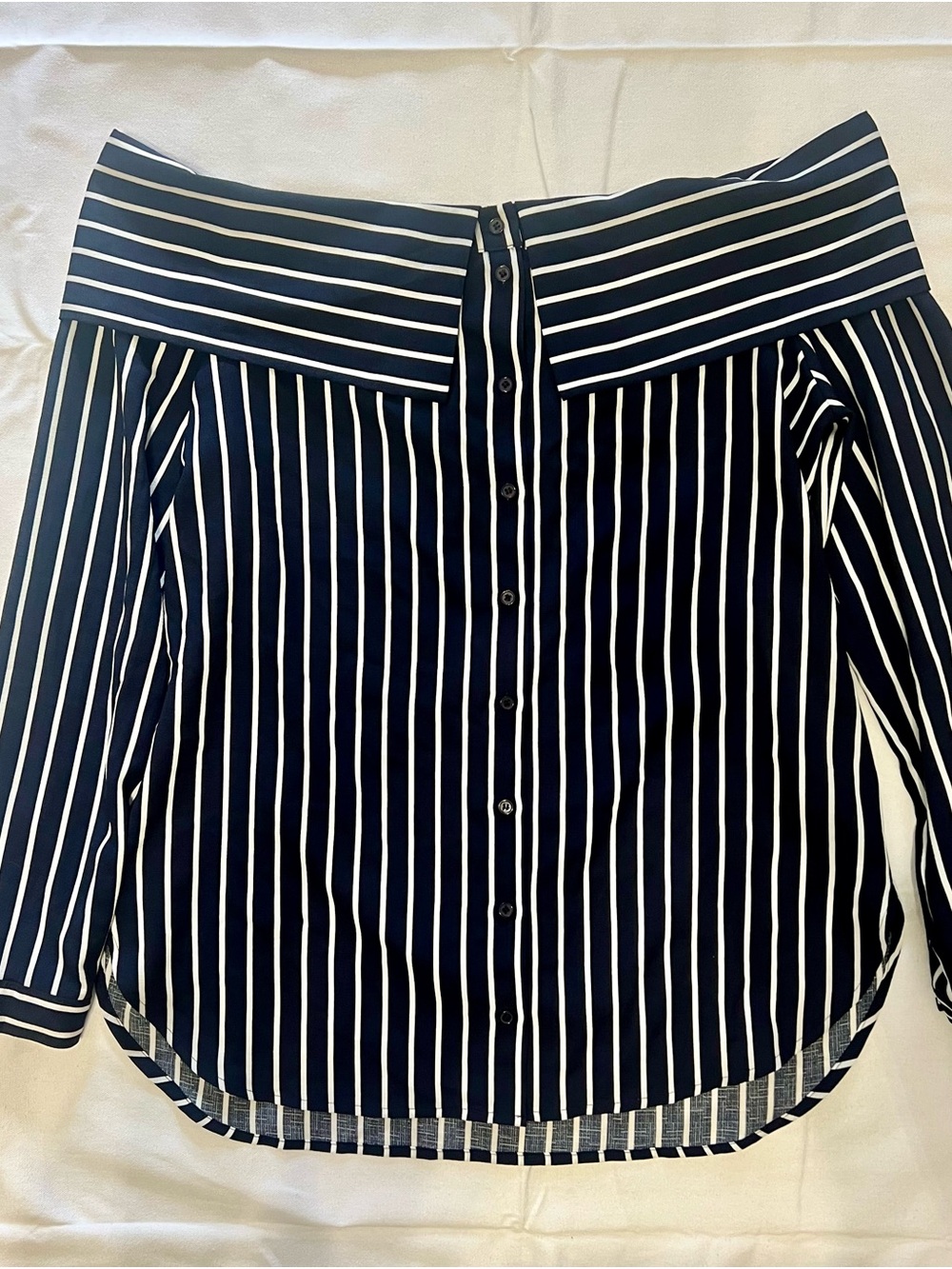 Pleione Nordstrom Off Shoulder Navy Striped Button Blouse Womens Size M NWOT